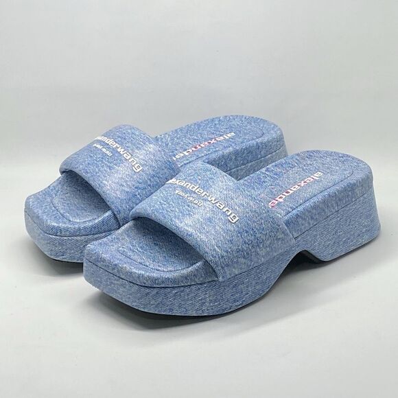 Alexander Wang Float Denim Print Leather Platform Sandals size 38 - Picture 4 of 11